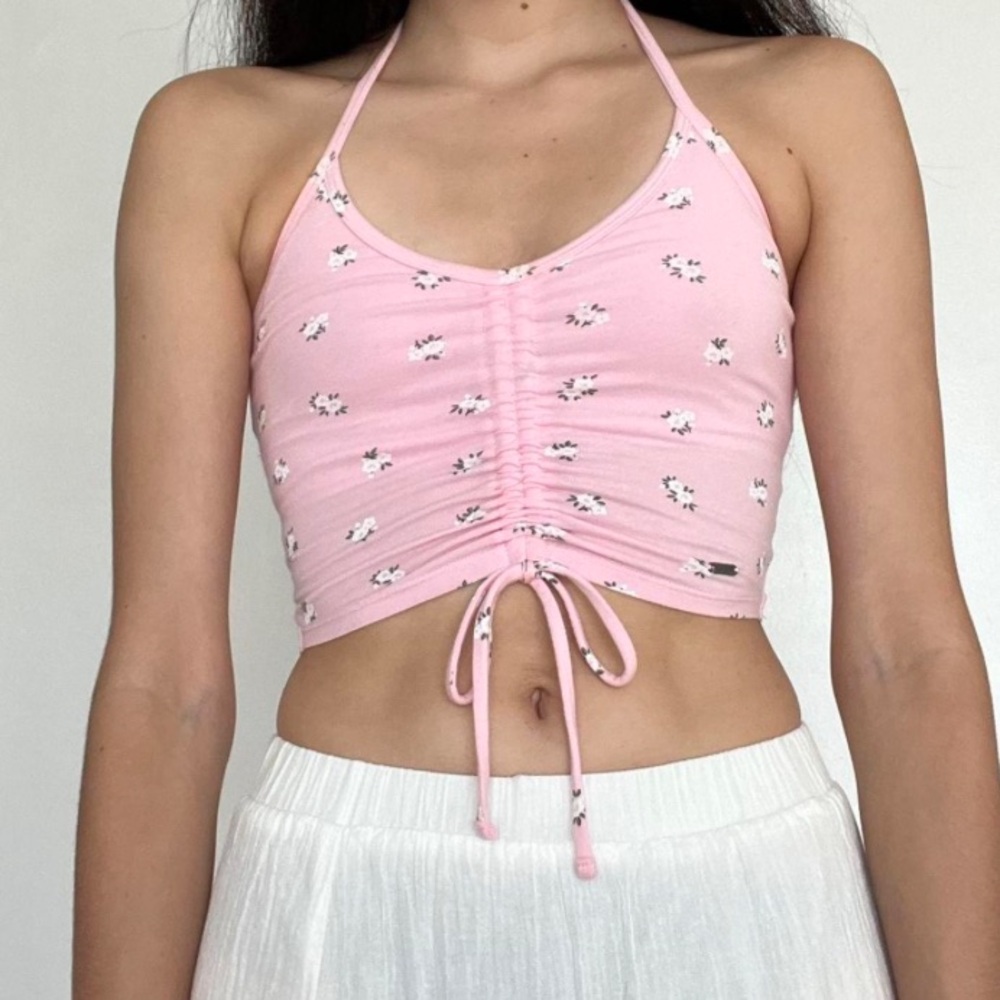 Hollister Pink Cotton Ruched Tie Front Tank Top- Large